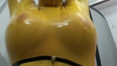 Slut Full Encased In Yellow Latex Catsuit + Fishnets Makes Self Bondage